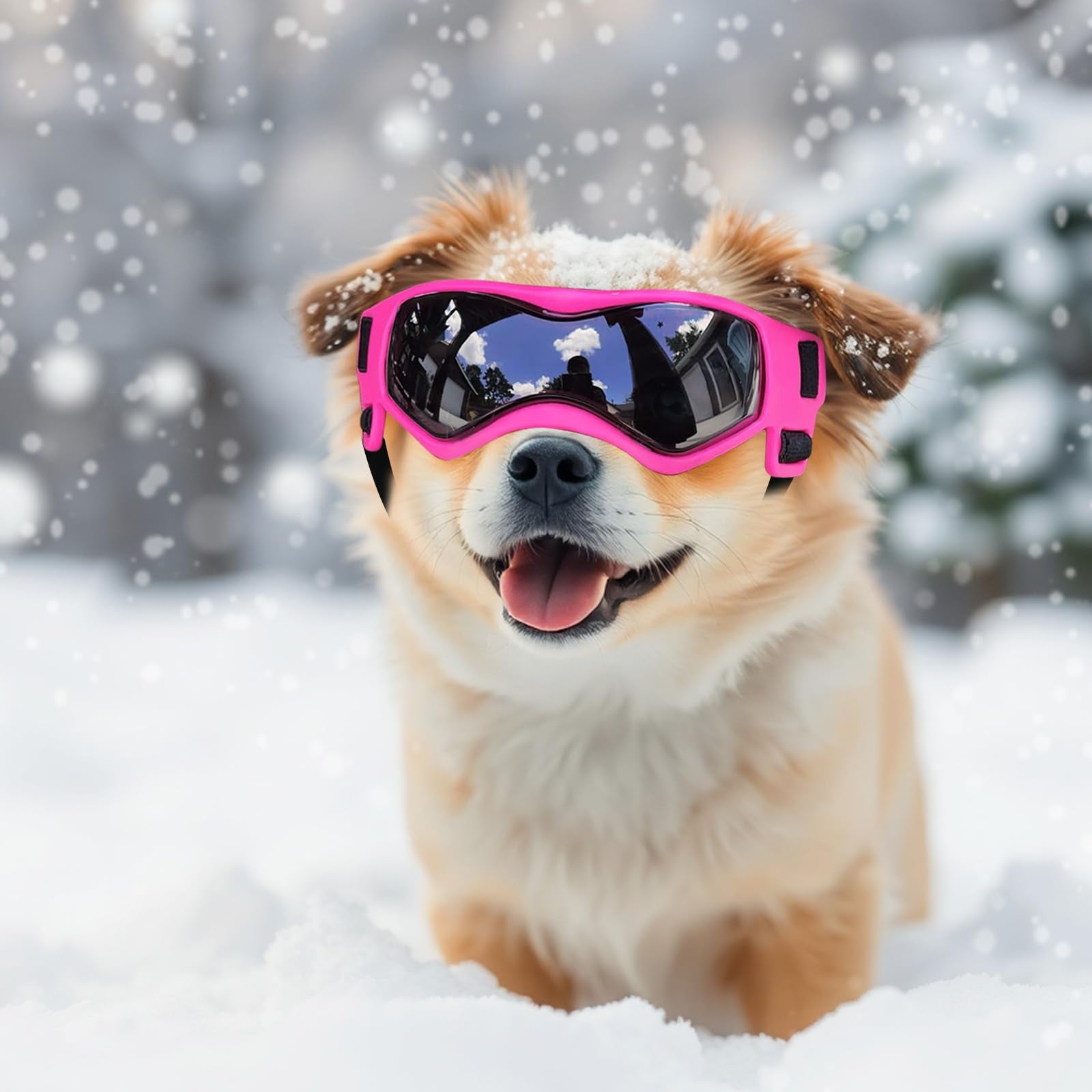 PETLESO pink dog goggles shown on a small breed for outdoor fun