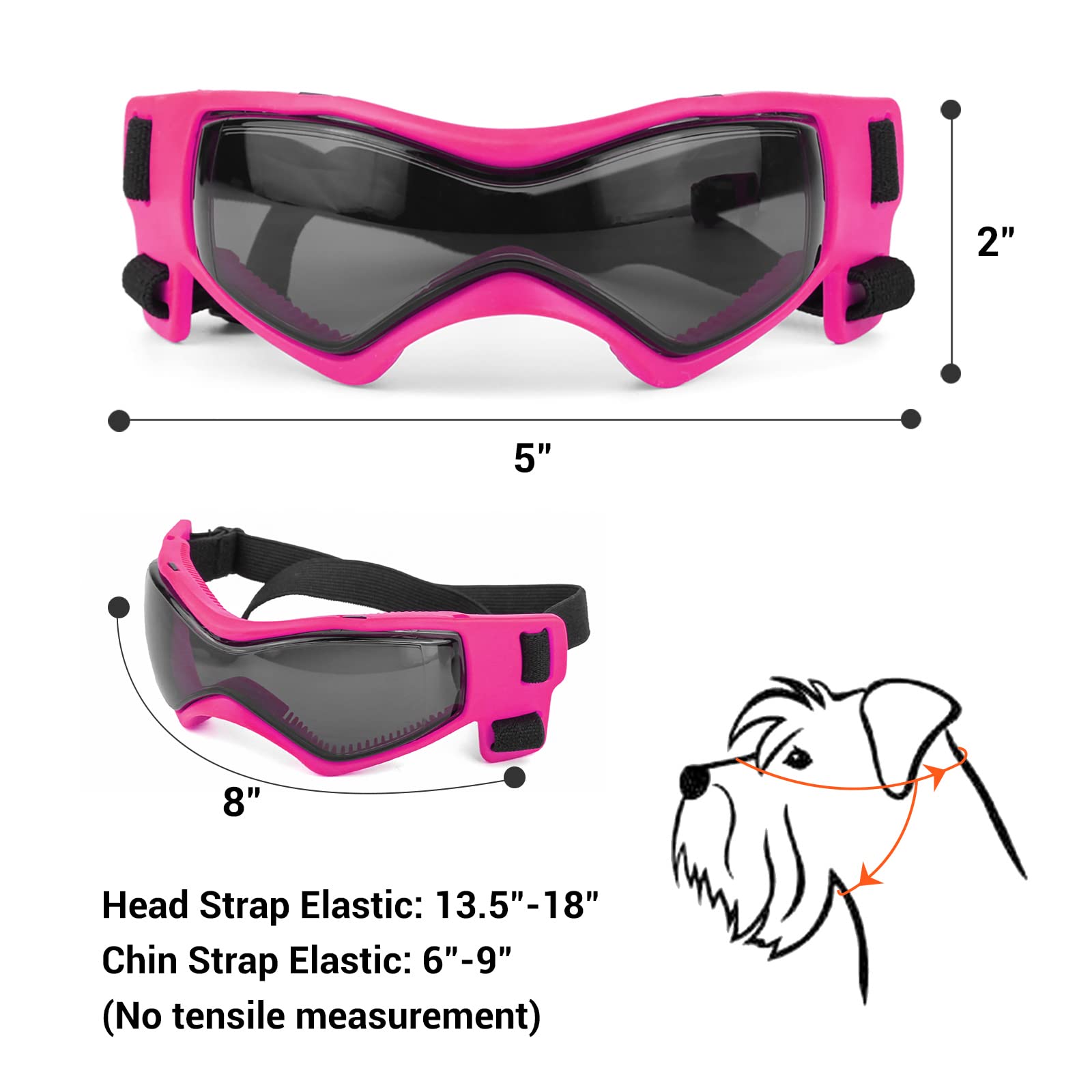 PETLESO size M goggles dimensions 5x2 inches fit mid-size dogs.