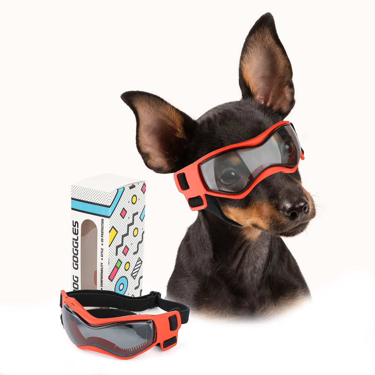 PETLESO dog goggles small breed curve lens shield eyes during outdoor adventures.