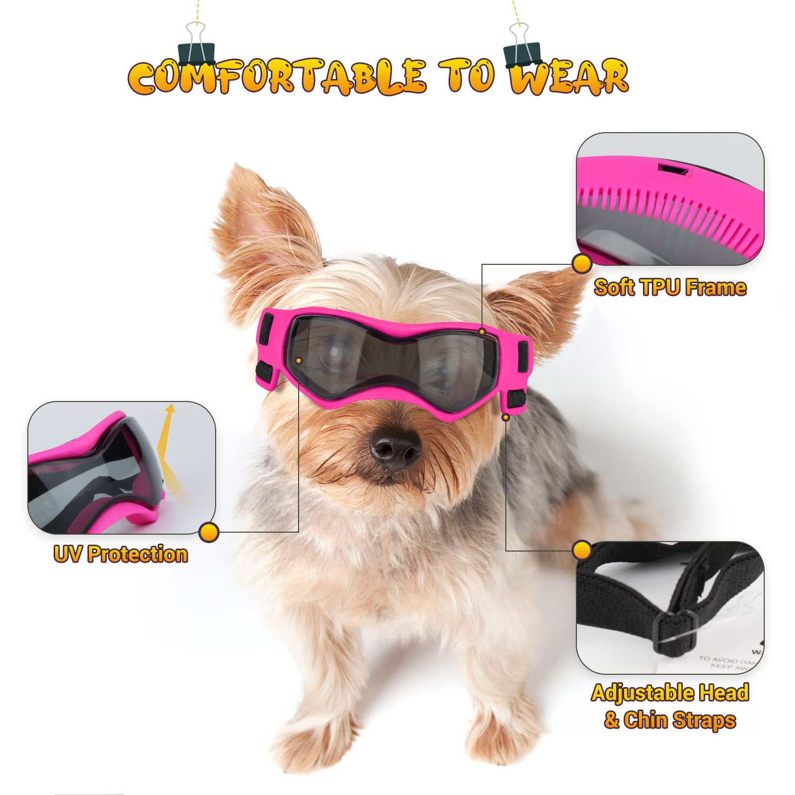 PETLESO dog goggles soft-frame with vents in pink prevent lens fogging.