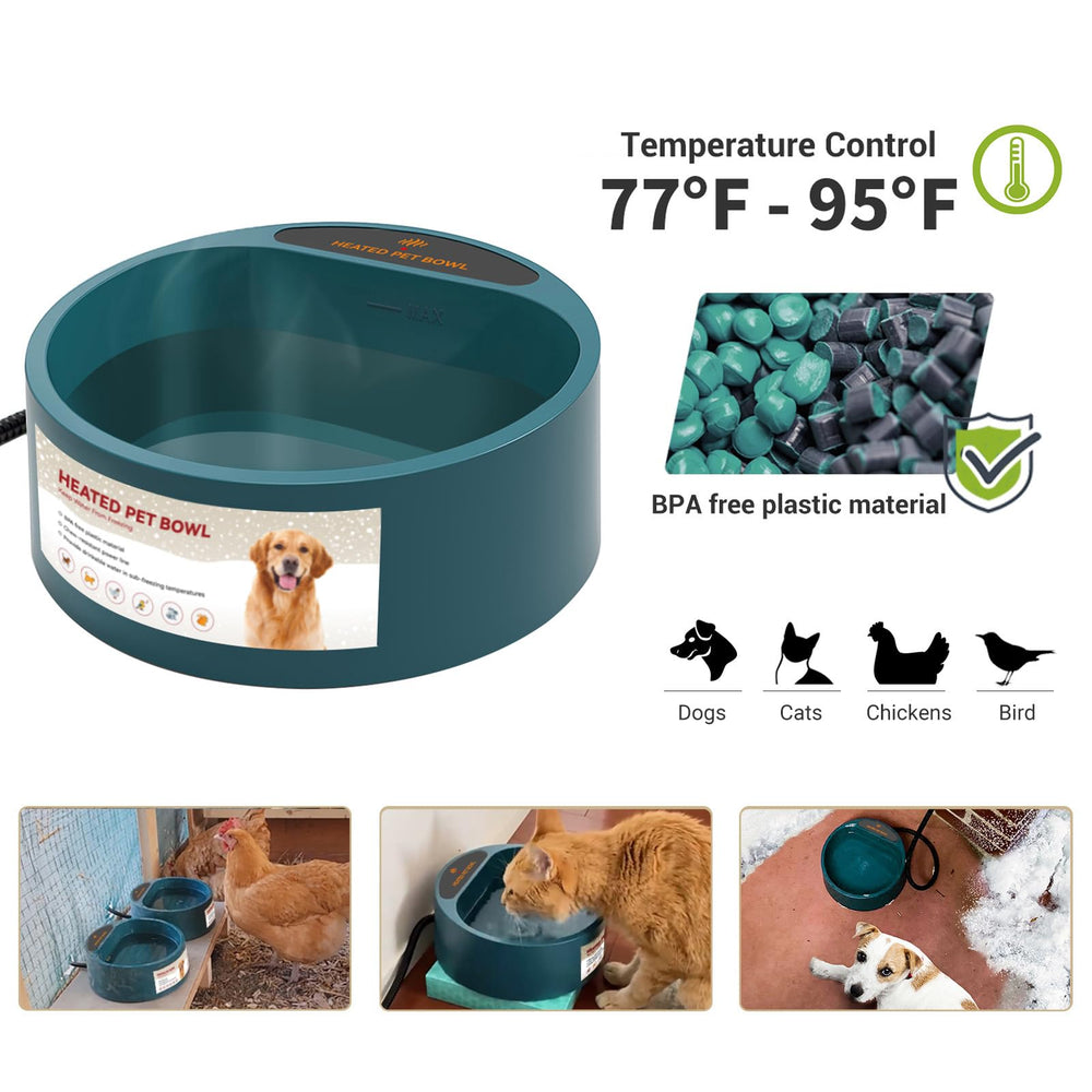 PETLESO heated water bowl thermostat range demonstrated at 77-95°F.