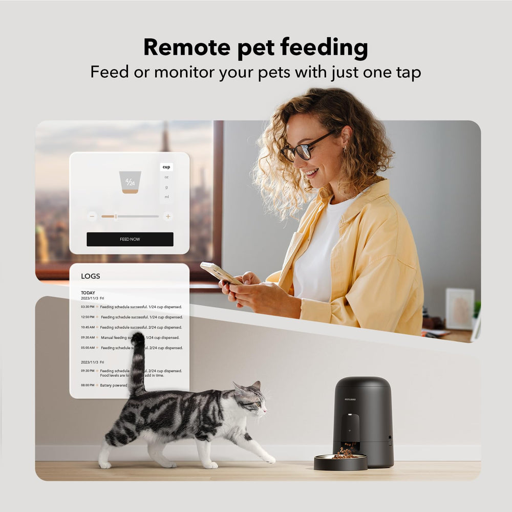 PETLIBRO Air feeder charging indicators with rechargeable battery for flexibility.