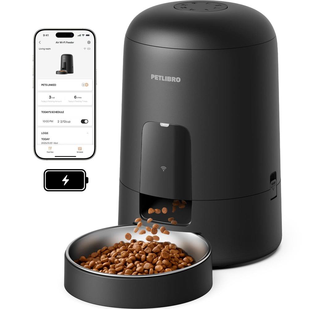 PETLIBRO Air automatic feeder top view shows sleek black design for remote feeding convenience.