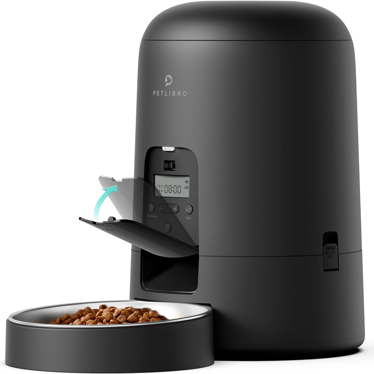 PETLIBRO Automatic Cat Feeder front view in black, hands-off feeding convenience.