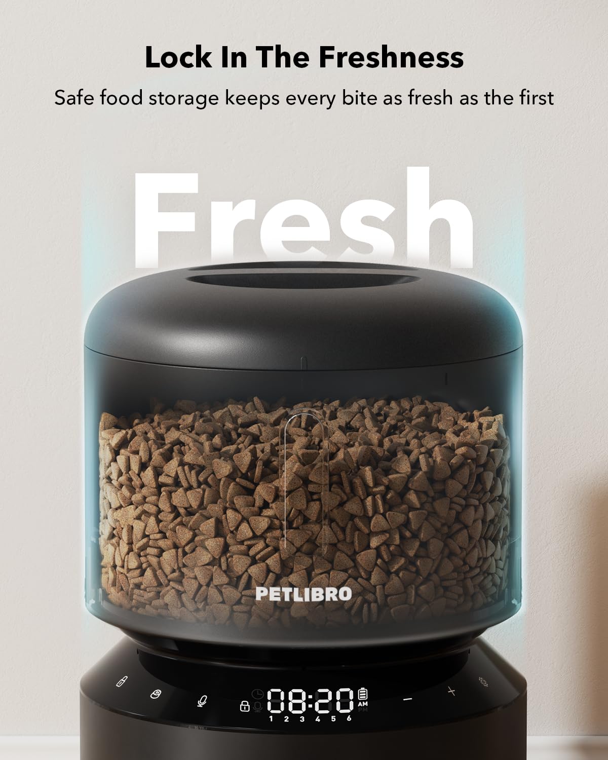 PETLIBRO Automatic Cat Feeder top view highlights transparent storage and fresh kibble