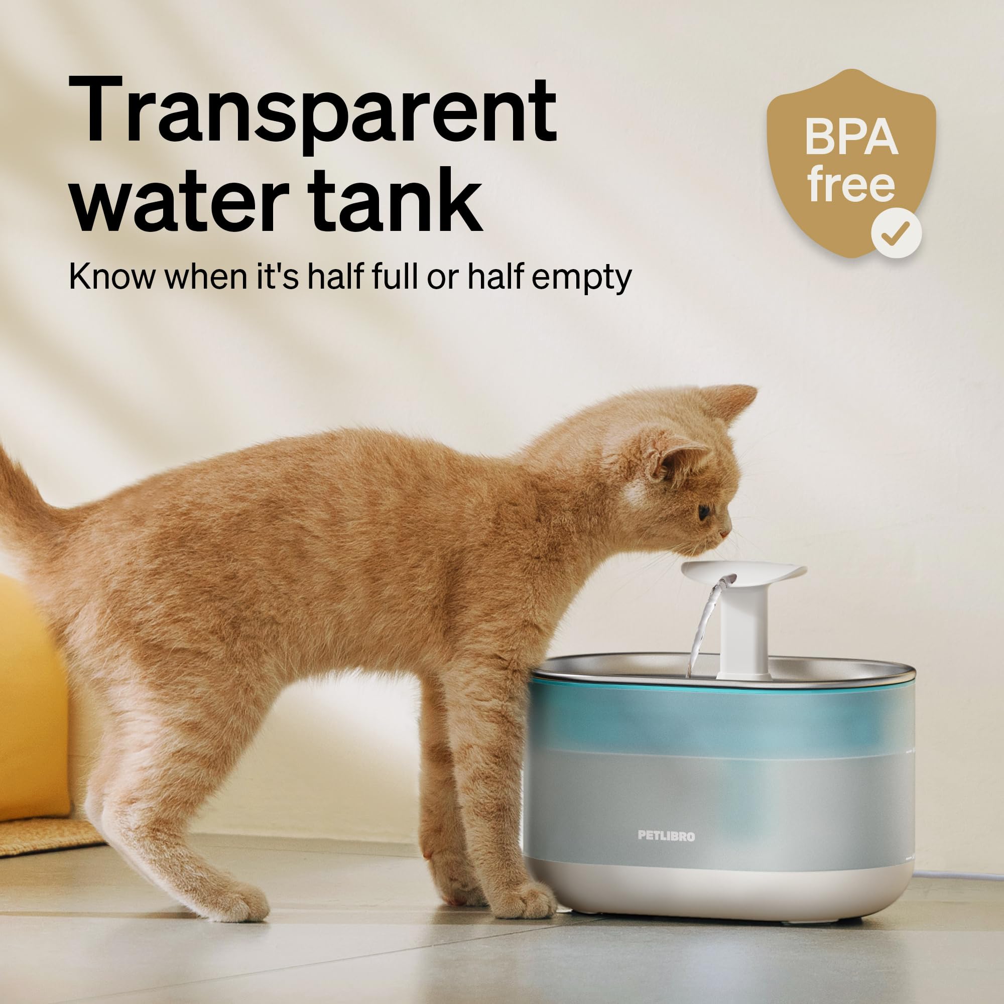 PETLIBRO Cat Water Fountain quadruple-filtration close-up emphasizes clean, tasty water.