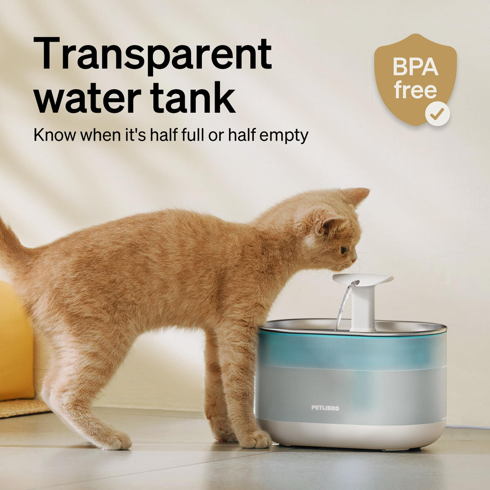 PETLIBRO Cat Water Fountain quadruple-filtration close-up emphasizes clean, tasty water.