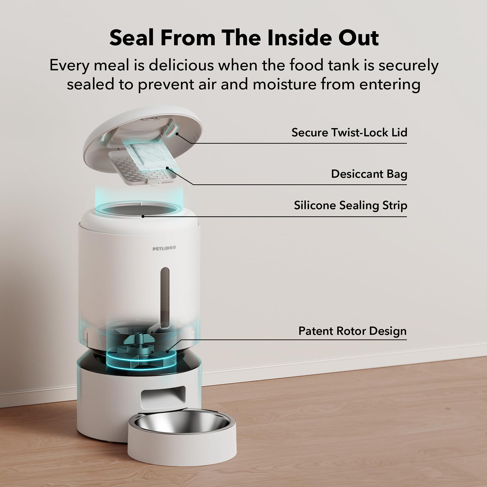 PETLIBRO freshness-tank-rotor helps prevent sneaking and keeps kibble fresh.