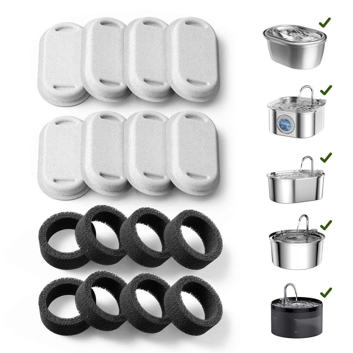 PETLIBRO replacement filters eight-pack shown, PLWF003/PLWF006 compatibility for cleaner hydration.