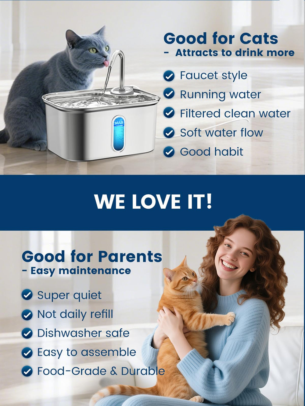 Petlipo quiet pump; energy-saving operation with minimal noise.