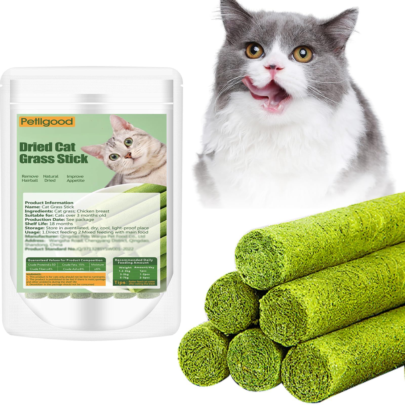 Petllgood freeze dried cat grass stick close-up reveals chew texture.
