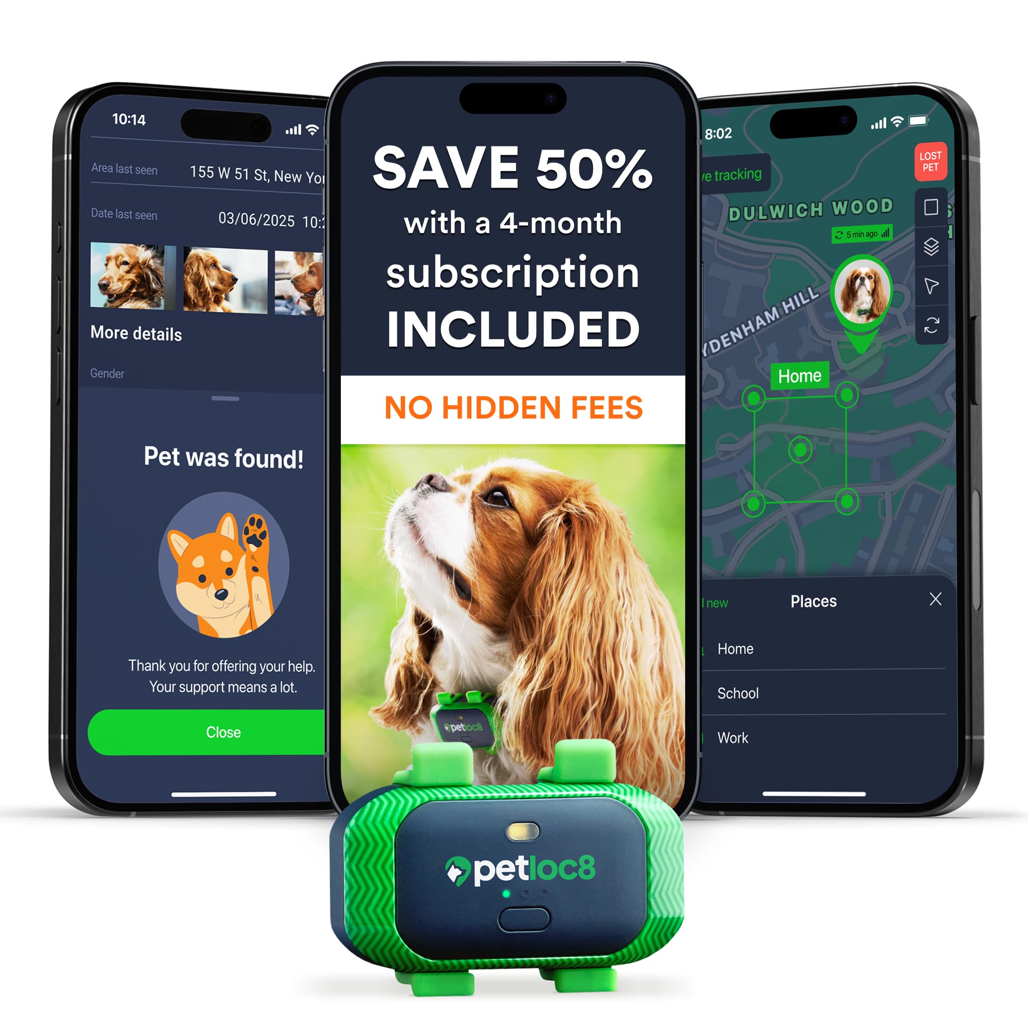 PetLoc8 GPS tracker on collar shows real-time location for quick pet recovery.