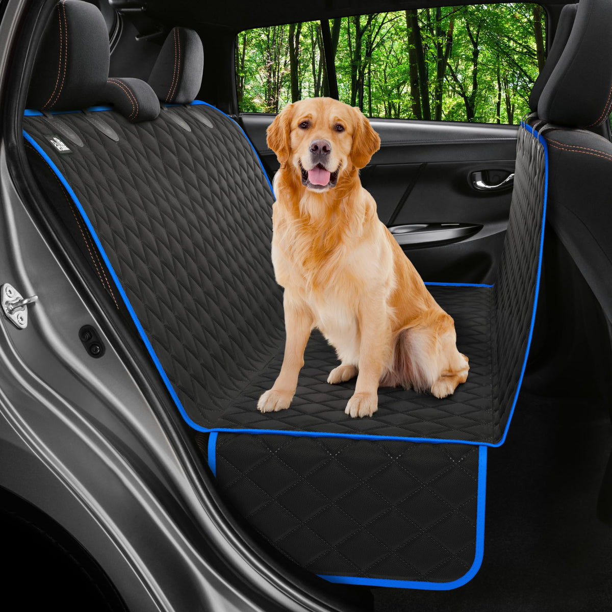 Petloox dog car seat cover back seat hammock protects upholstery during adventures.
