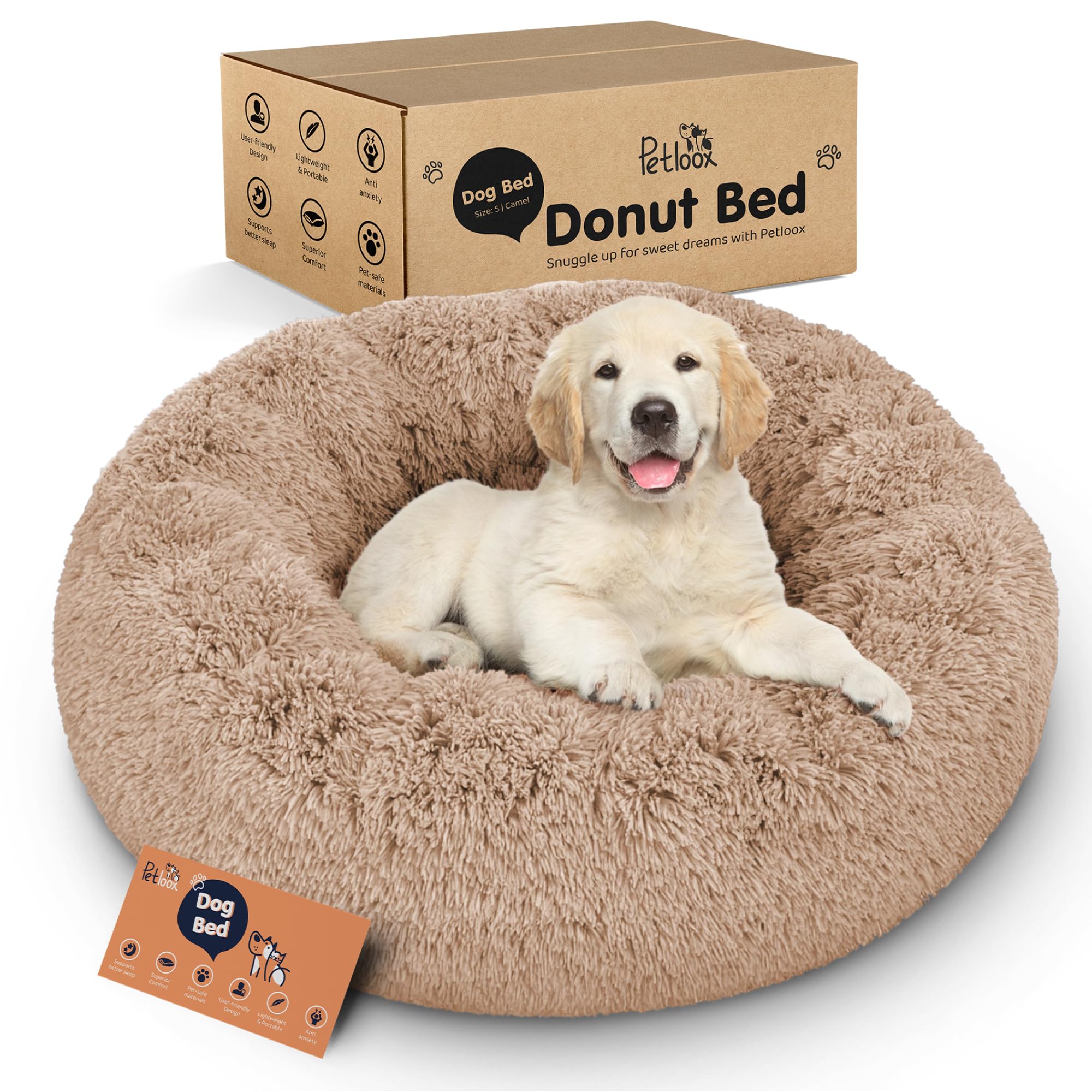 Petloox Donut Bed Camel front view showing cozy nest-like design for calming naps