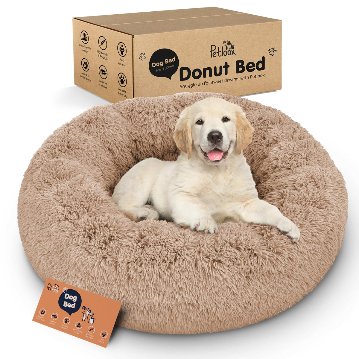 Petloox Donut Bed Camel front view showing cozy nest-like design for calming naps