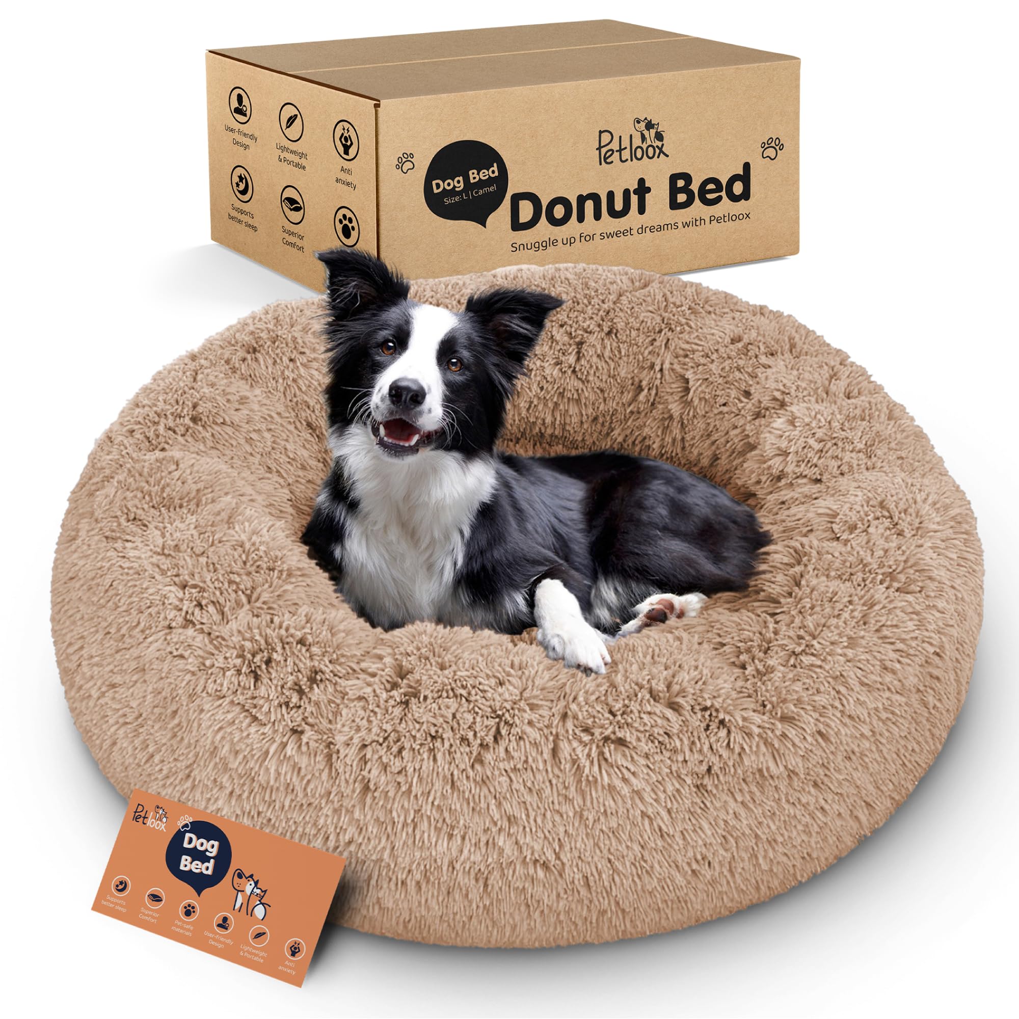 Petloox Donut Bed Camel Large — ultra-soft plush for cozy naps and anxiety-friendly rest.