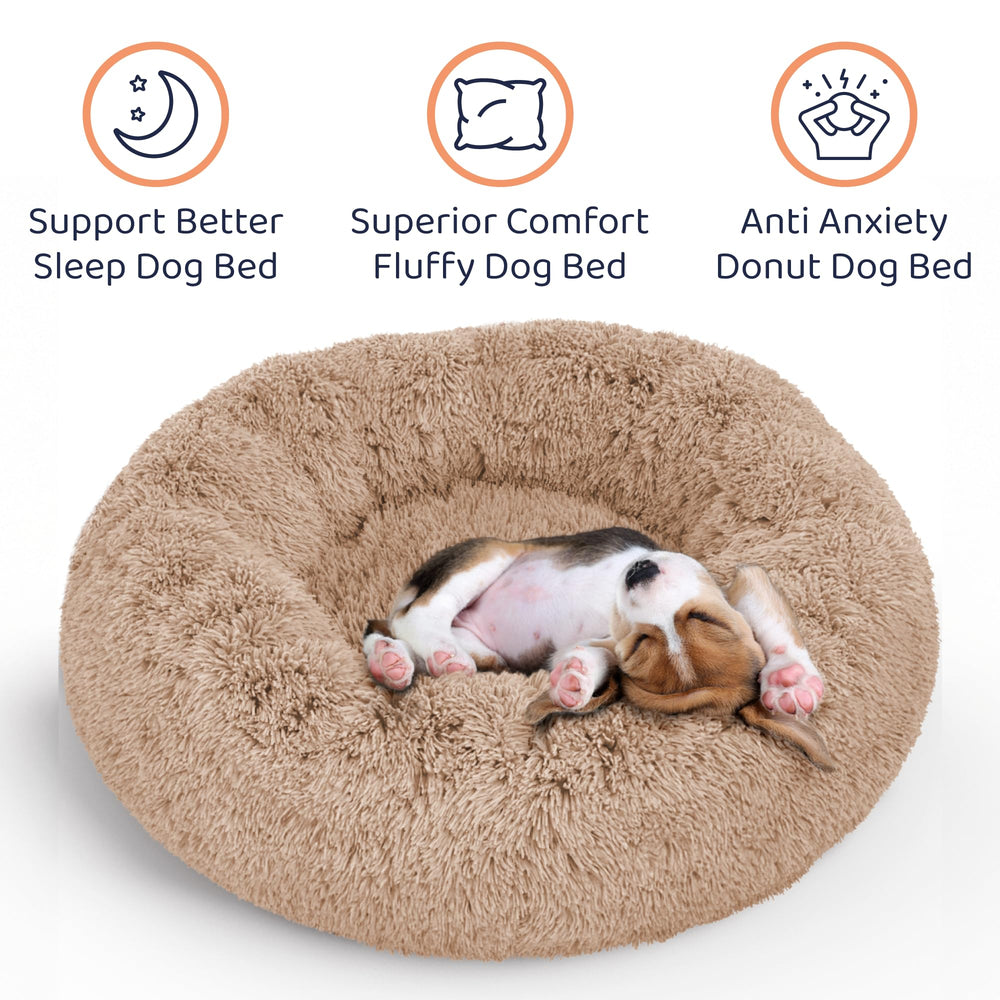 Petloox Donut Bed Camel side-nest shot highlighting plush comfort for anxious pets