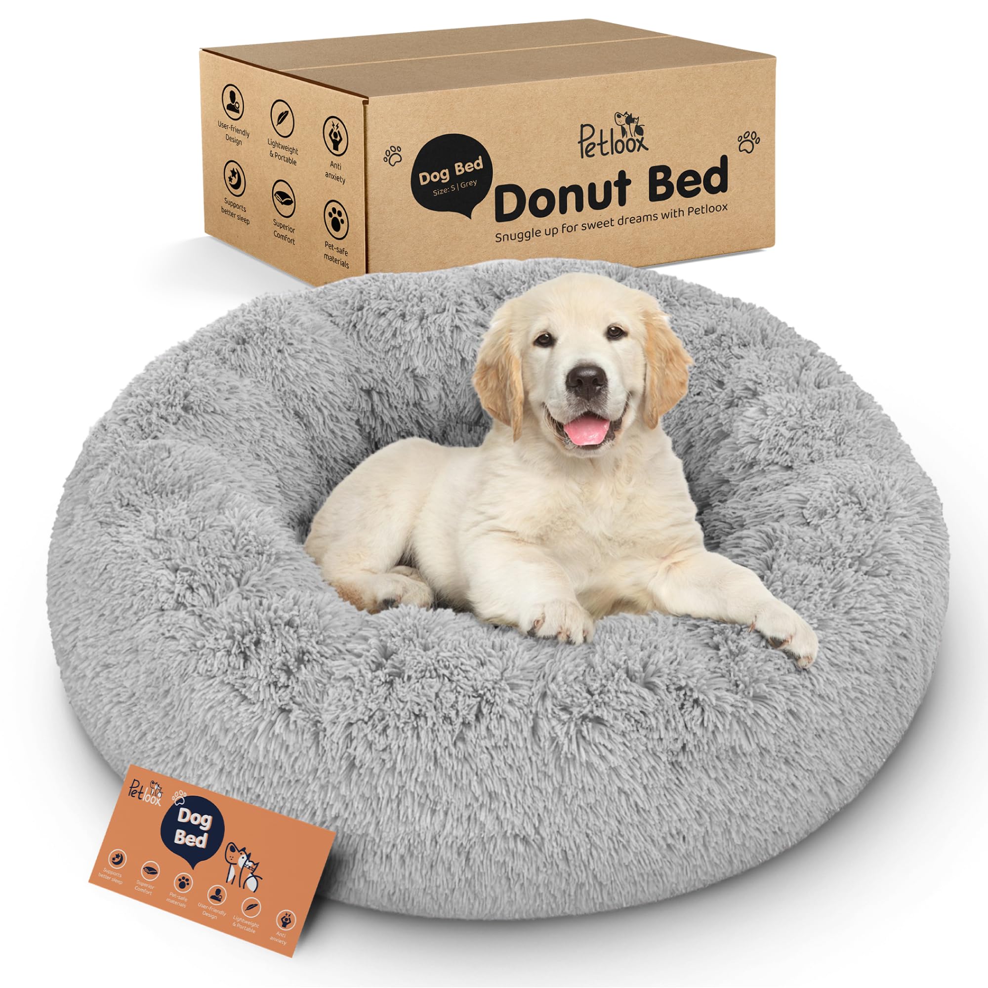 Petloox Donut Dog Bed grey small angle — ultra-soft comfort for cozy naps.