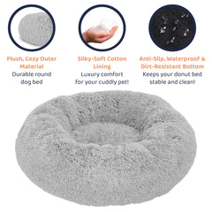 Petloox donut bed size range small to XL demonstrates inclusive comfort for all dogs.