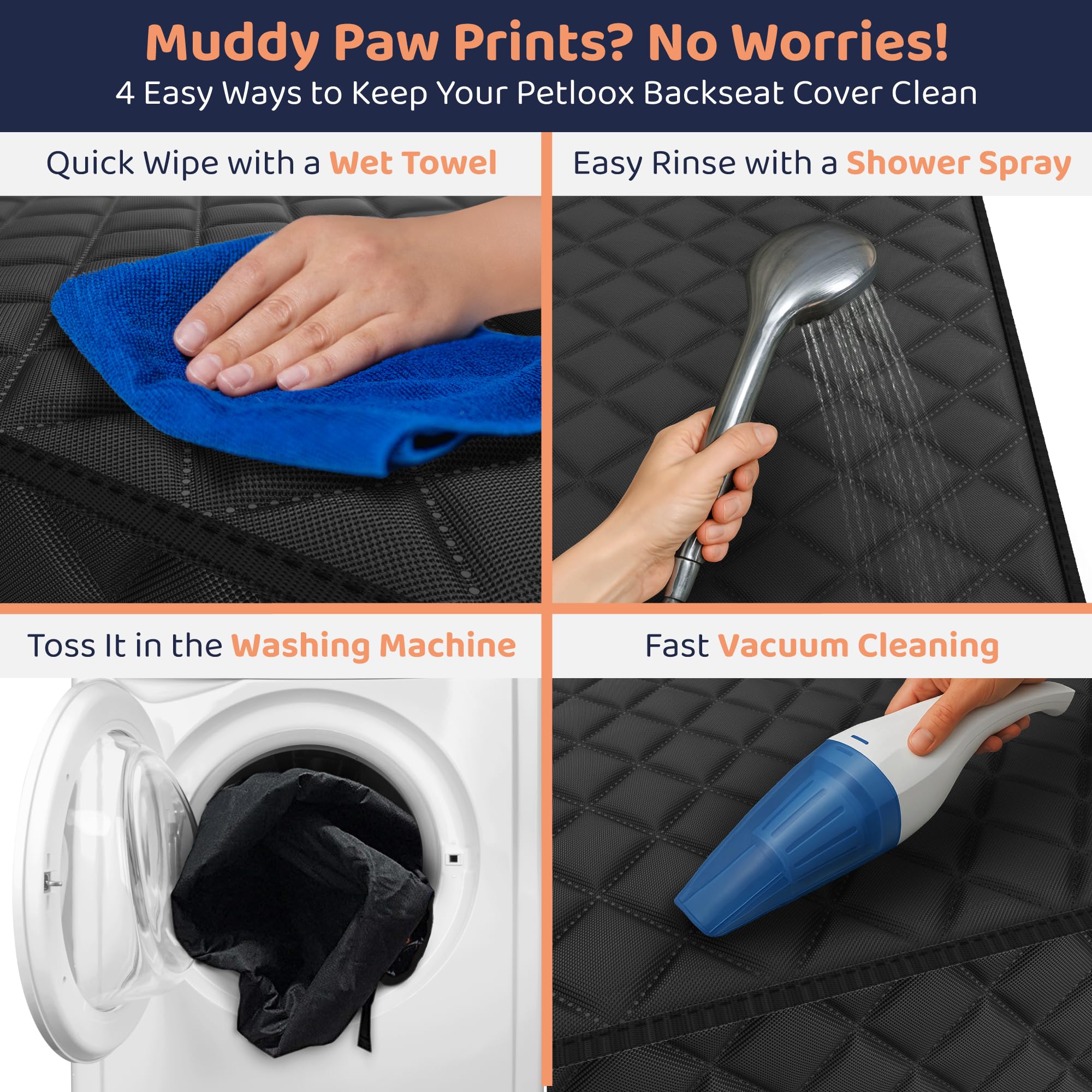 Petloox front seat dog cover easy-clean machine washable design simplifies post-adventure cleanup.