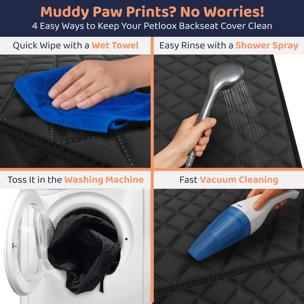 Petloox front seat dog cover easy-clean machine washable design simplifies post-adventure cleanup.