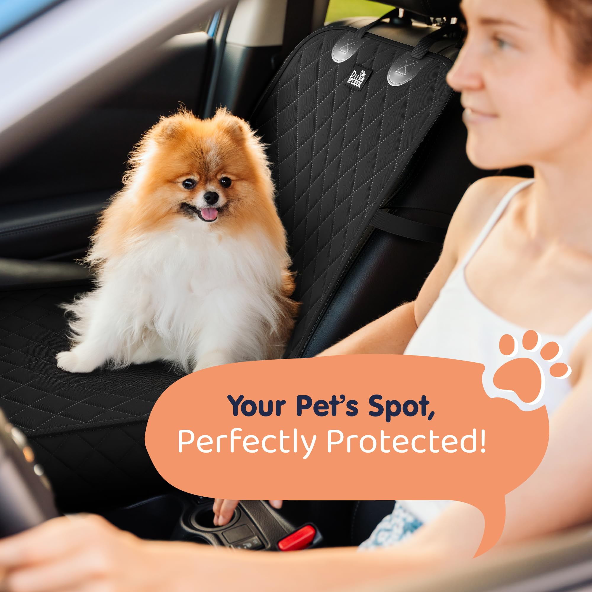 Petloox front seat dog cover waterproof fabric closeup highlights spill resistance and easy cleaning.