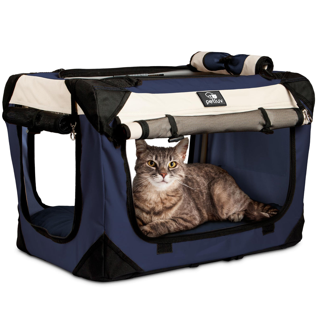 PetLuv soft-sided carrier front view shows roomy interior for travel comfort.