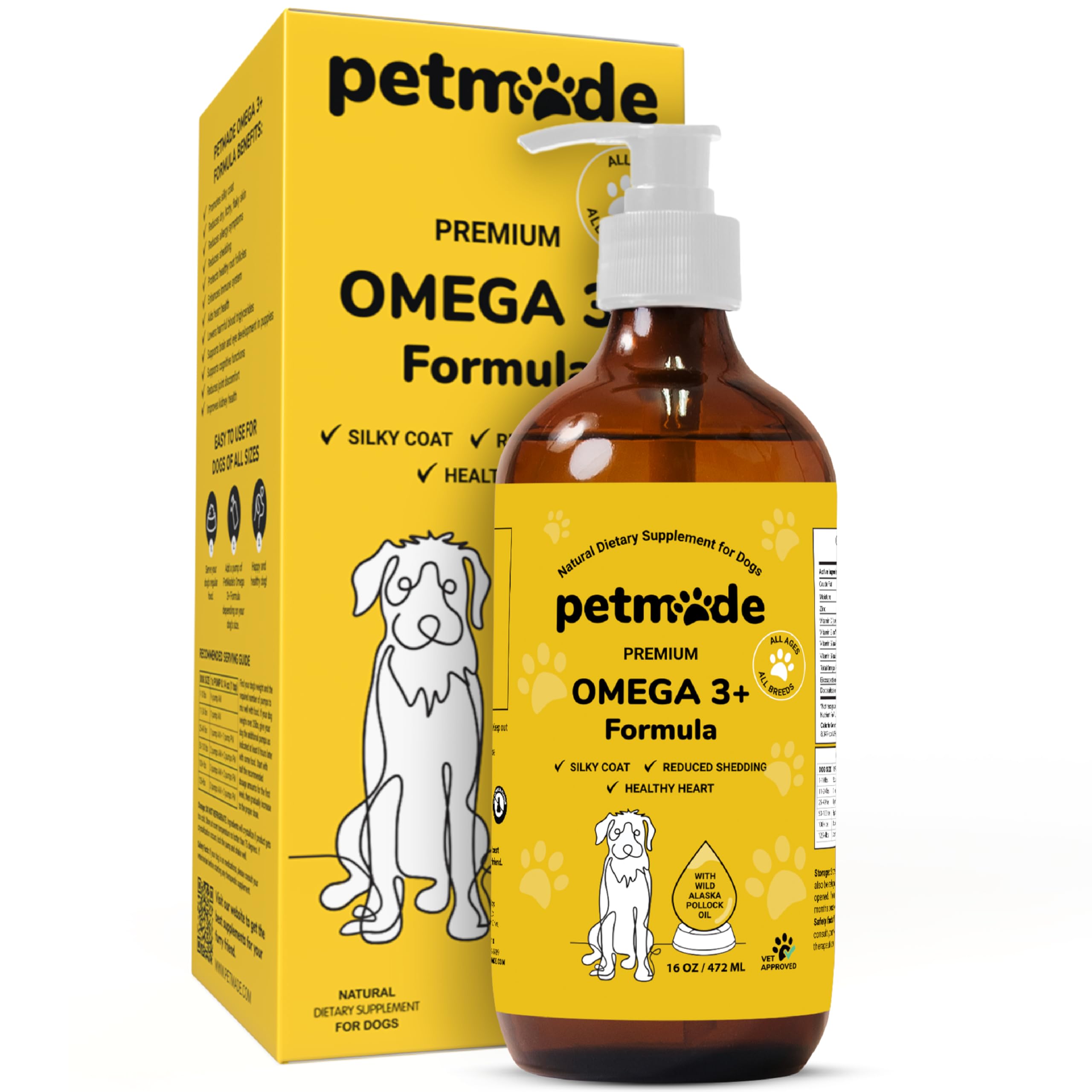 PetMade Omega-3 for Dogs bottle is easy to dose for a healthier coat.