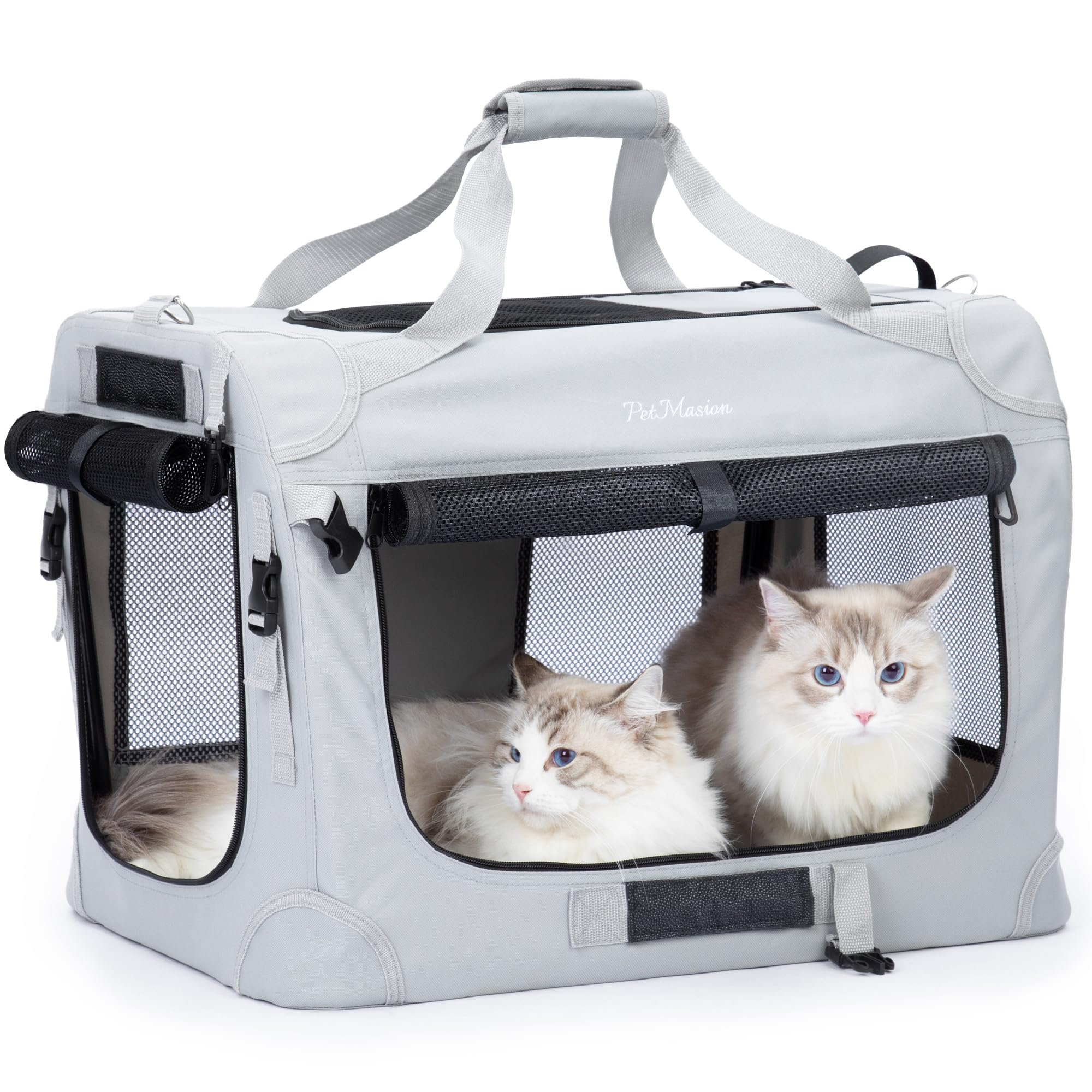 PetMasion XL cat carrier front view shows spacious interior for two cats during car trips