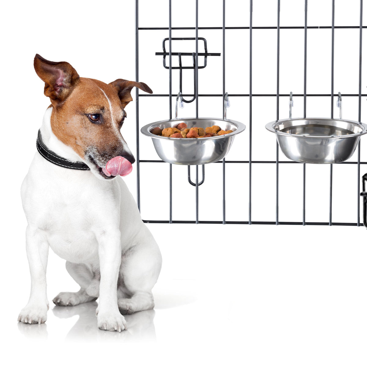 PETMAKER two stainless-steel dog bowls with hanging base for crate mounting.