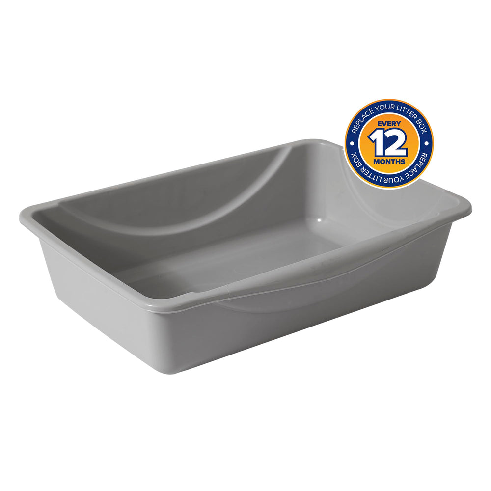 Petmate Open Litter Pan gray small—side view highlights stability when filling.