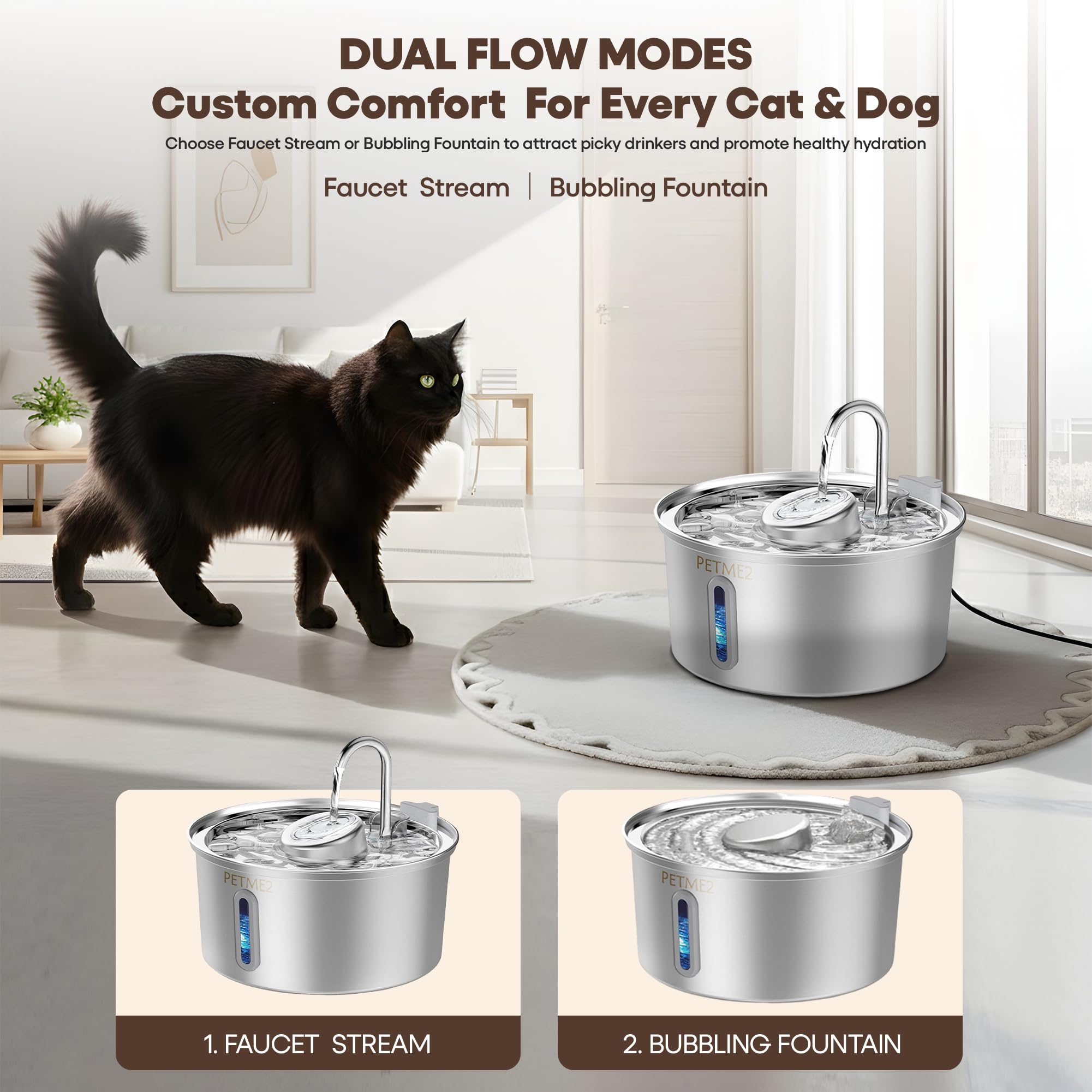 PETME2 fountain offers dual flow modes for personalized hydration in cats and dogs.