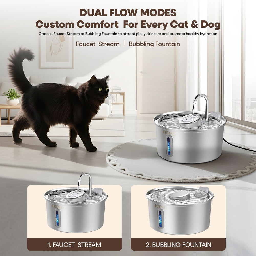 PETME2 fountain offers dual flow modes for personalized hydration in cats and dogs.