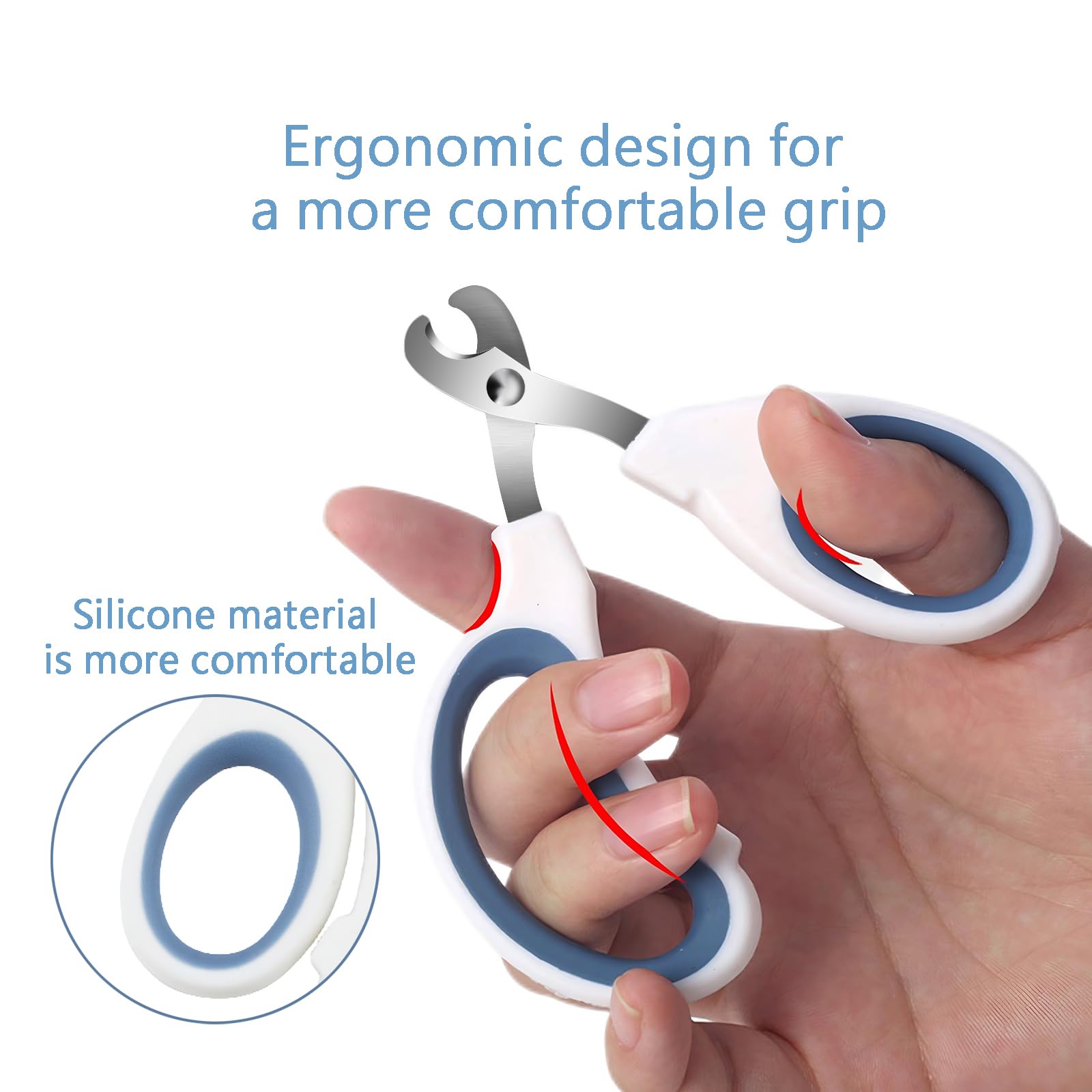 PETMGCOO cat and dog nail clippers show hypoallergenic stainless steel blade for safe grooming.