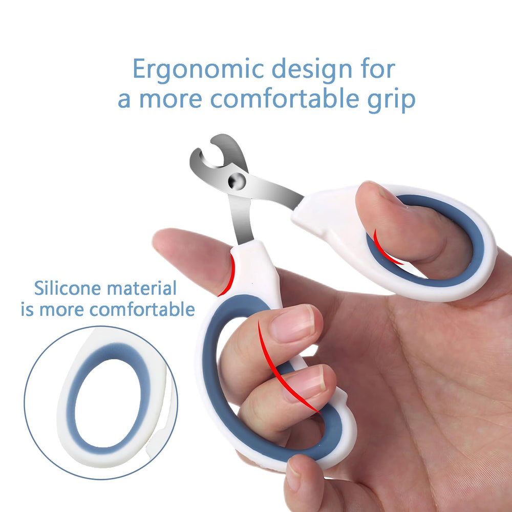 PETMGCOO cat and dog nail clippers show hypoallergenic stainless steel blade for safe grooming.