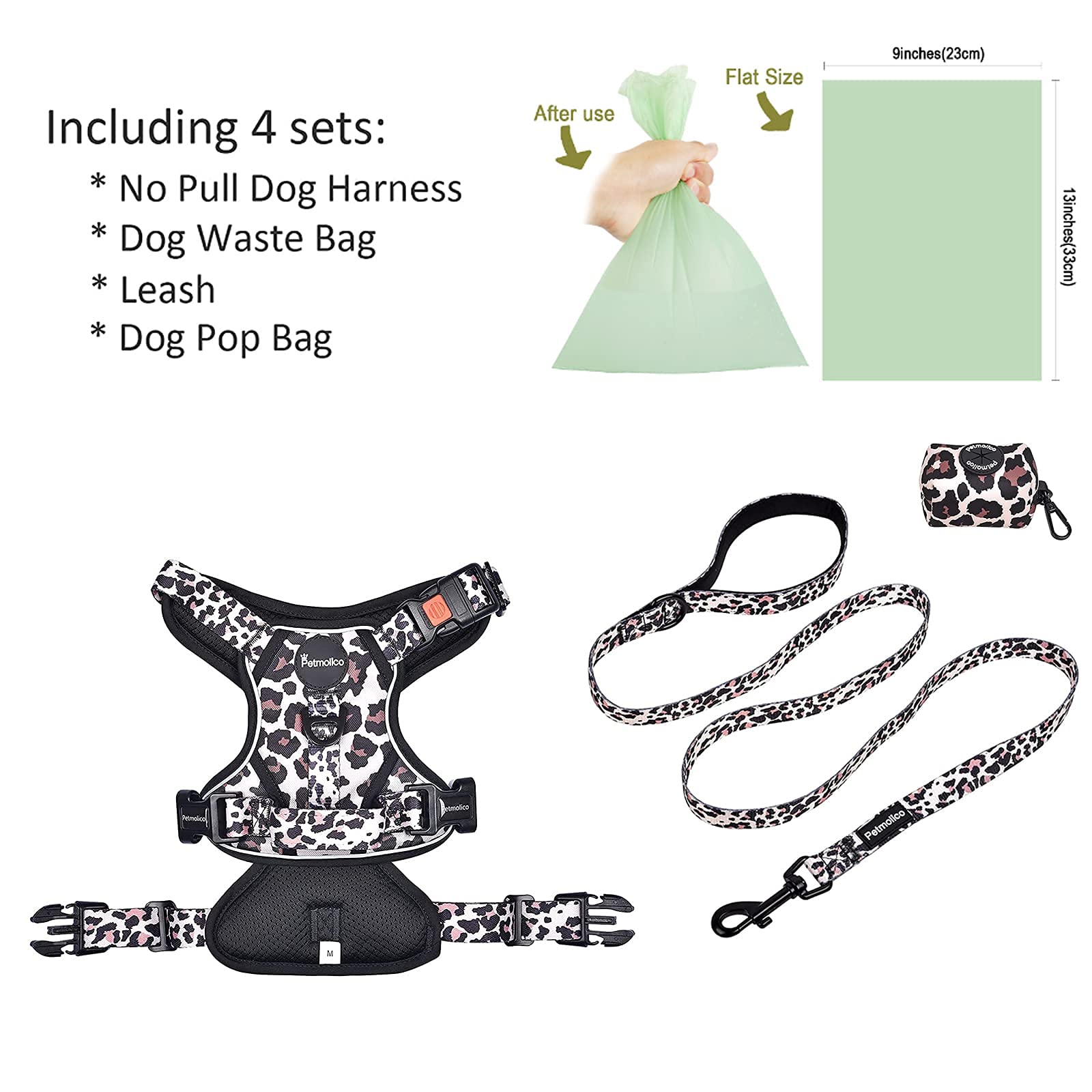 Petmolico leopard harness with poop bag holder – convenient waste bag dispenser for walks