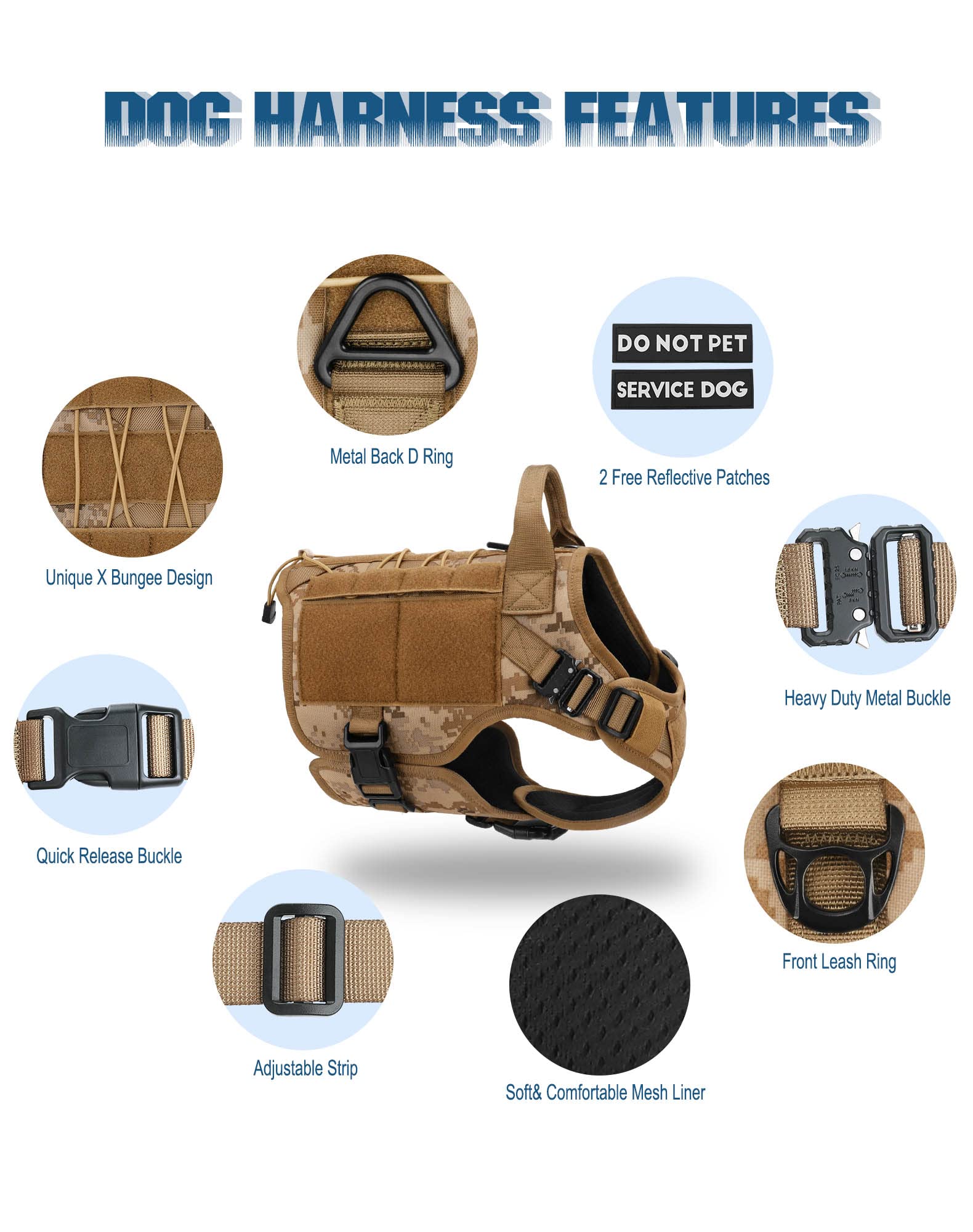 PETNANNY desert camo vest with glow patches for nighttime visibility.