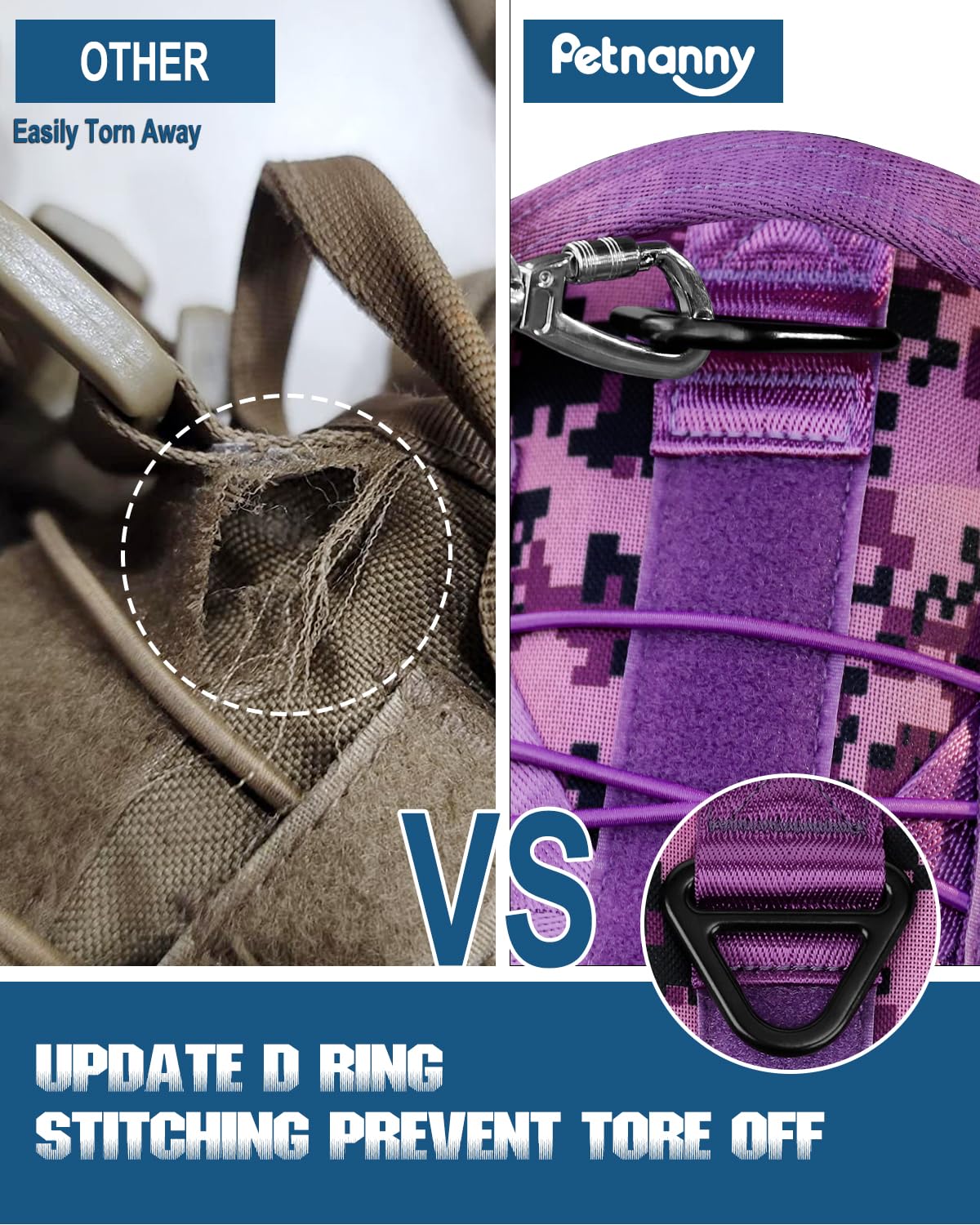 PETNANNY tactical harness shows two metal buckles for strong leash control