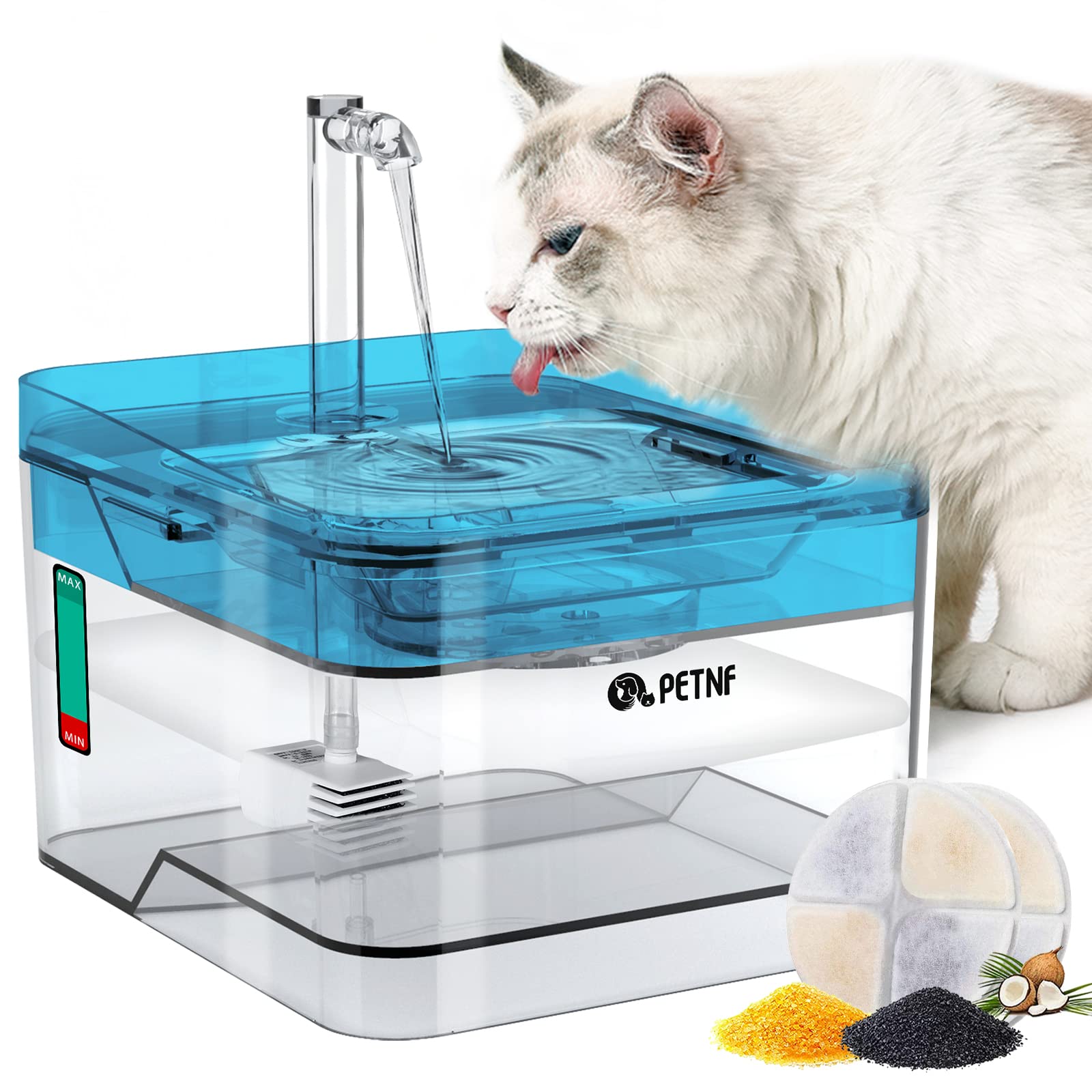 PETNF blue water fountain front view demonstrates compact, multi-pet hydration