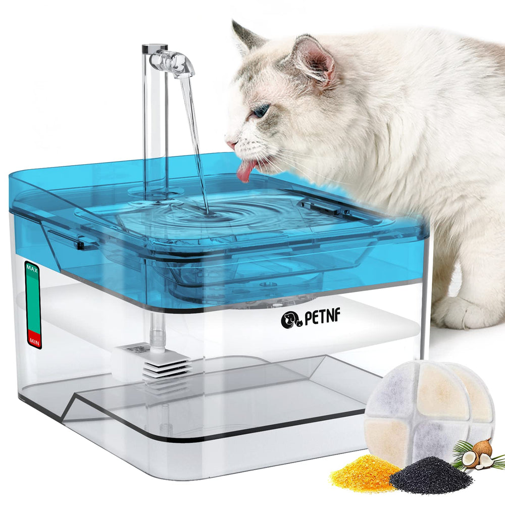 PETNF blue water fountain front view demonstrates compact, multi-pet hydration