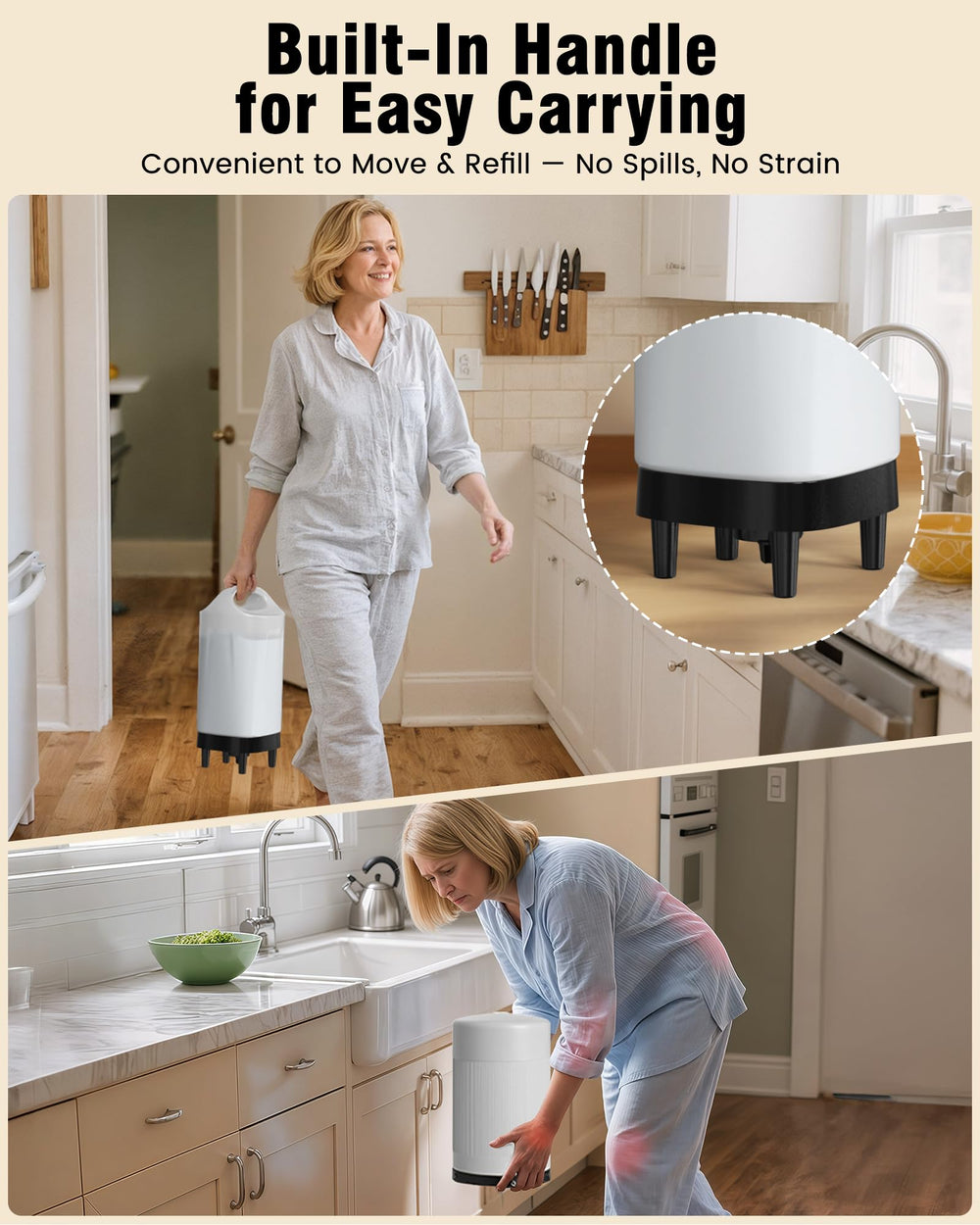 PETNF ergonomic handle design makes lifting and refilling easier and spill-free.