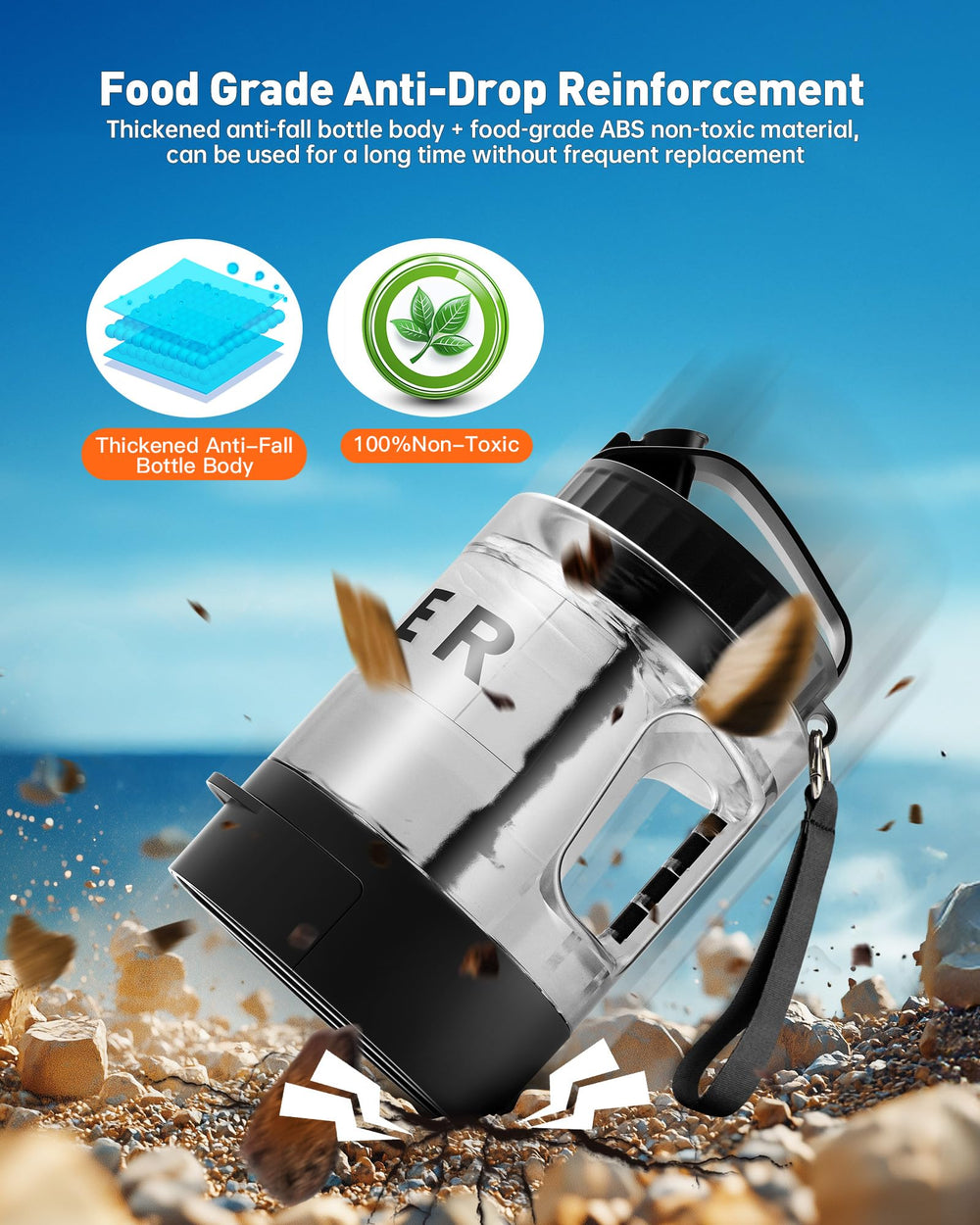 PETNF ergonomic handle with strap and carabiner keeps hydration hands-free.