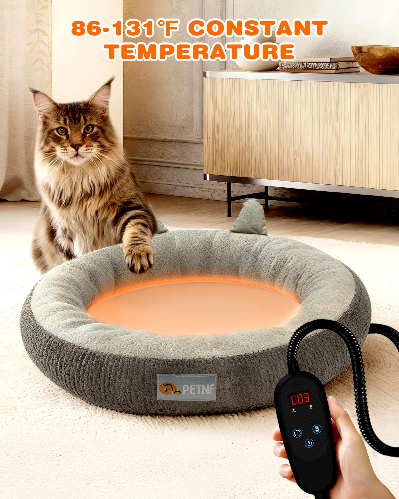 PETNF heated cat bed thermostat control shows adjustable 86-131℉ for personalized warmth.