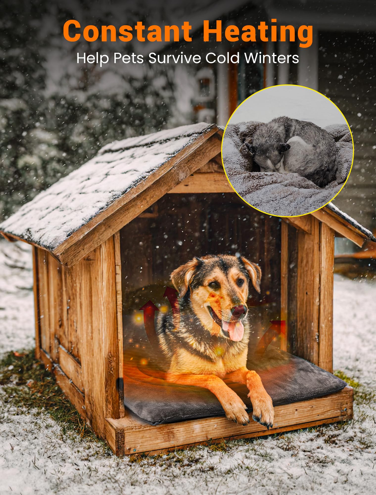 PETNF outdoor heating pad thermostat control display highlights auto temperature range for safe warming.
