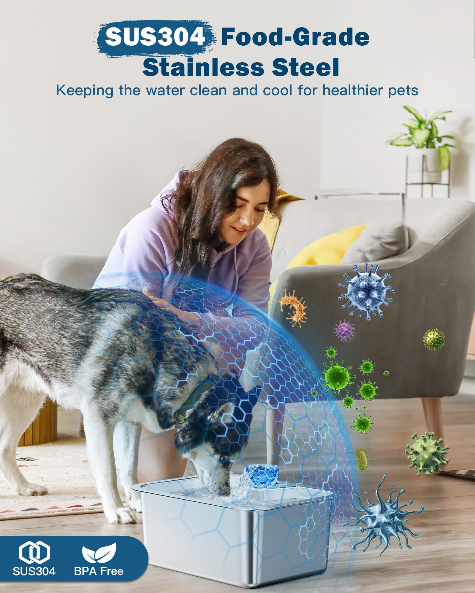 PETNF stainless steel dog fountain SUS304 prevents odor buildup and keeps water fresh.