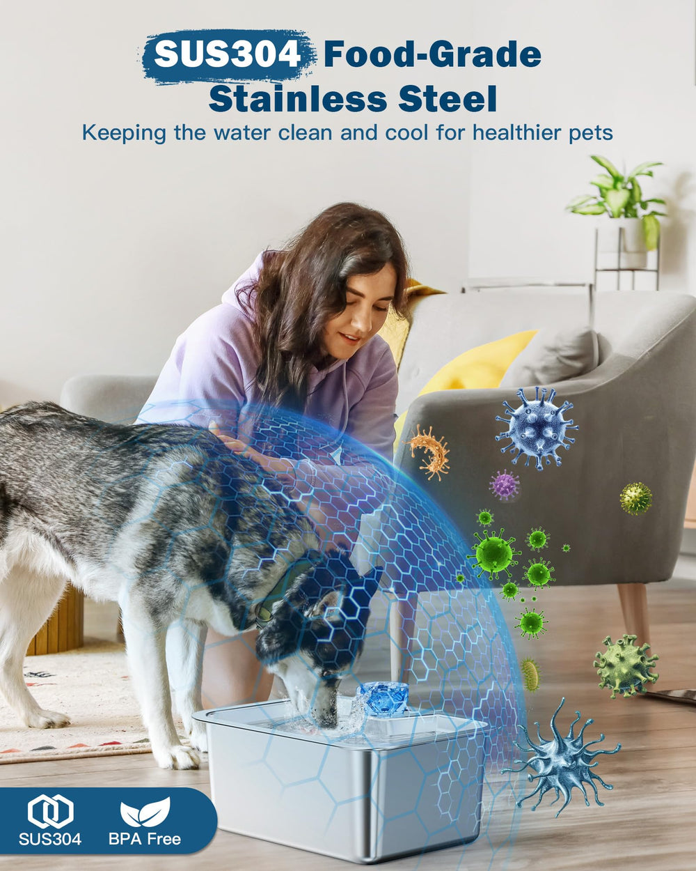 PETNF stainless steel dog fountain SUS304 prevents odor buildup and keeps water fresh.