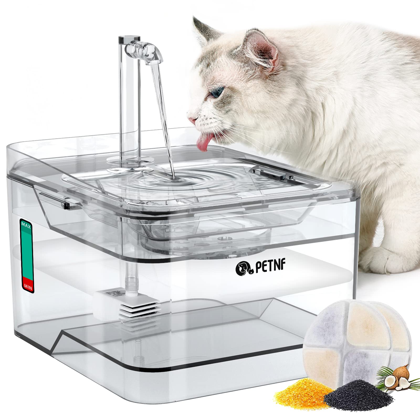 PETNF Transparent Water Fountain front view showcases large capacity and clean design for pets.