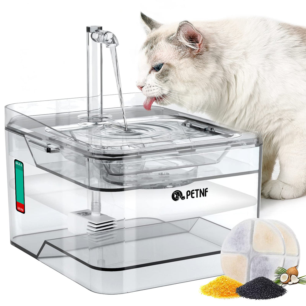 PETNF Transparent Water Fountain front view showcases large capacity and clean design for pets.
