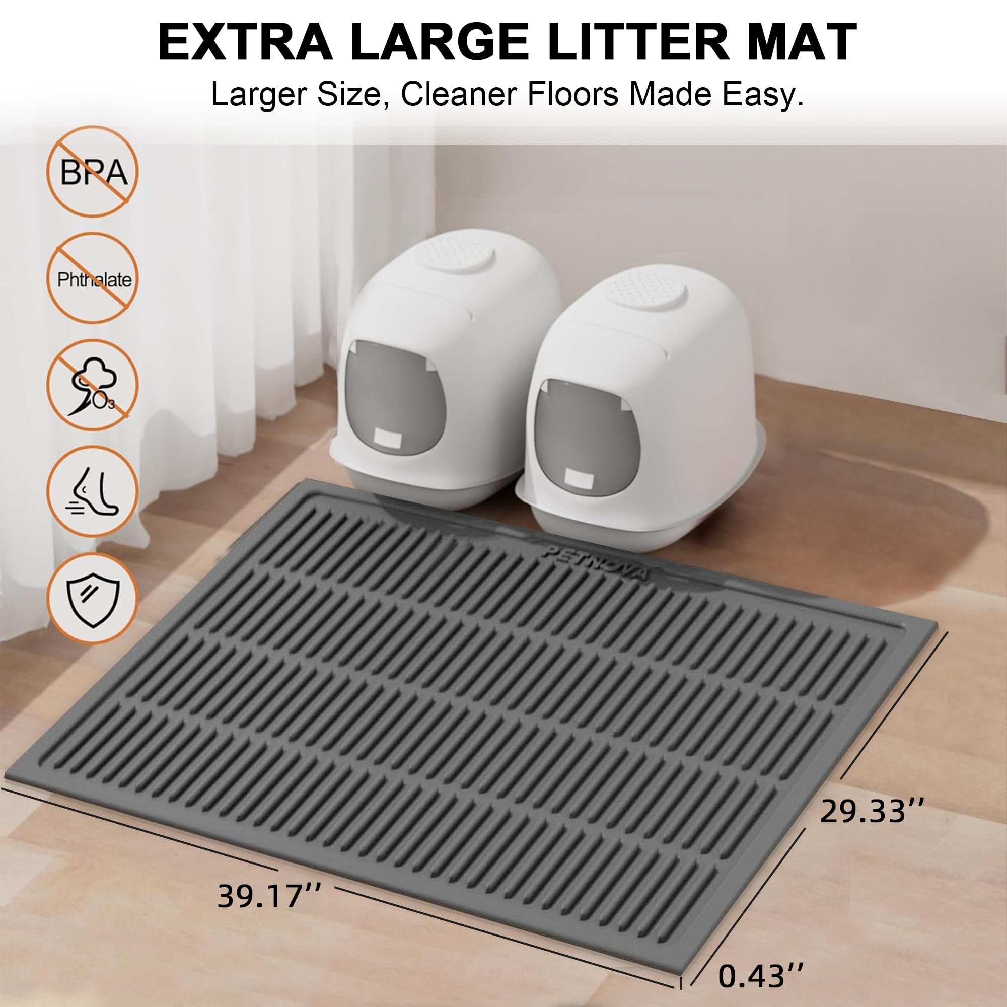 PetNova grey-xl-litter-mat on-floor-use blends with decor while trapping litter