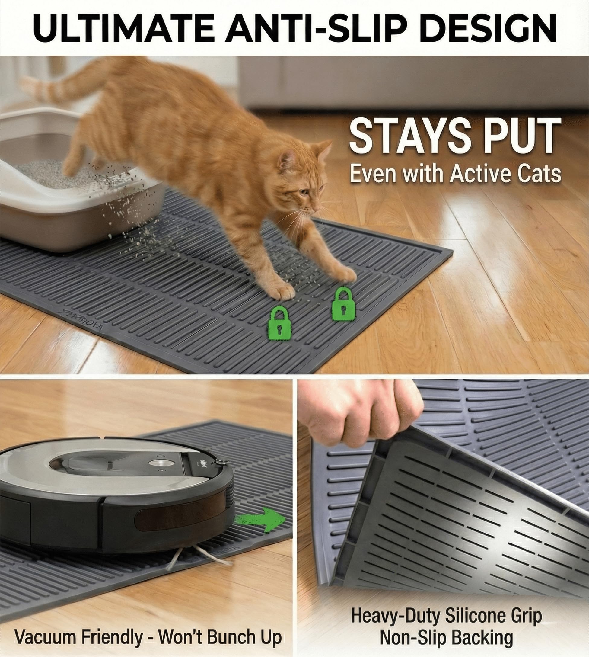 PetNova large cat litter mat soft silicone feels paw-friendly and safe.
